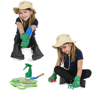 Born Toys Kids Gardening Set (6 pc),Garden Rake and Tools with Kids Gardening Gloves and Washable HAT Set for Real or Sand Gardening Water Sprayer Bag Included