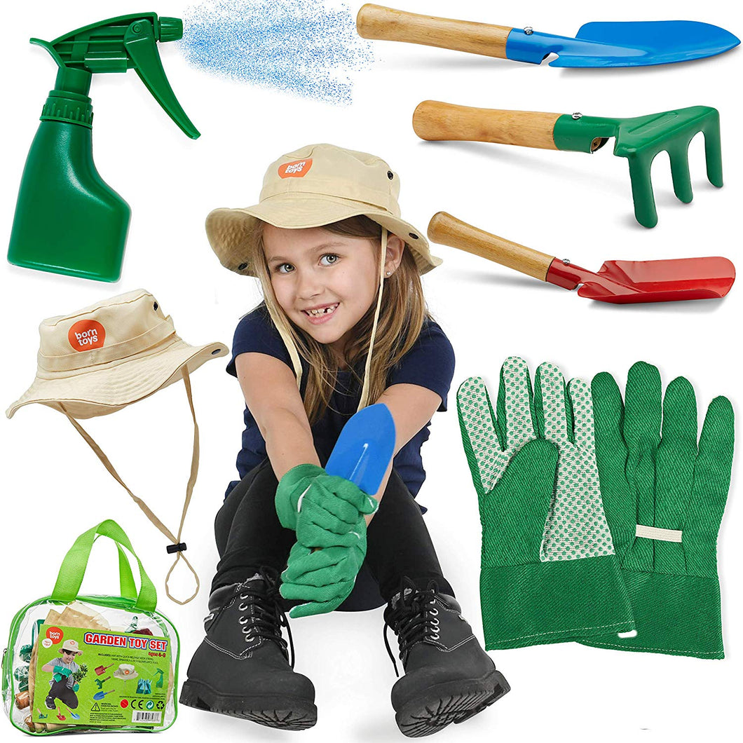 Born Toys Kids Gardening Set (6 pc),Garden Rake and Tools with Kids Gardening Gloves and Washable HAT Set for Real or Sand Gardening Water Sprayer Bag Included