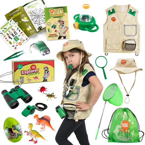 Born Toys Kids Explorer Kit & Kids Adventure Kit for Kids Ages 3-7, Kids Camping Safari Costume w/ Safari Vest & Hat, Butterfly Net, Kids Binoculars, Bug Toys, Dinosaur Toys- Dress Up & Pretend Play