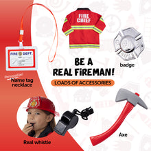 Load image into Gallery viewer, Born Toys Firefighter Costume for Kids Ages 3-7 w/ Pants &amp; Fireman Toys Includes Backpack Water Gun, Firefighter Hat, Toy Axe, 20 Page Activity Book-Dress Up &amp; Pretend Play as Fireman Costume