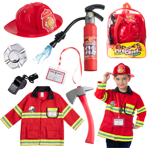 Born Toys 8 PC Premium Washable Kids Fireman Costume Toy for Kids,Boys,Girls,Toddlers, and Children with Complete Firefighter Accessories