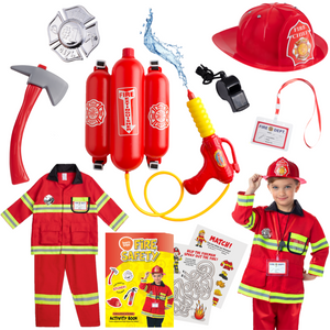 Born Toys Firefighter Costume for Kids Ages 3-7 w/ Pants & Fireman Toys Includes Backpack Water Gun, Firefighter Hat, Toy Axe, 20 Page Activity Book-Dress Up & Pretend Play as Fireman Costume