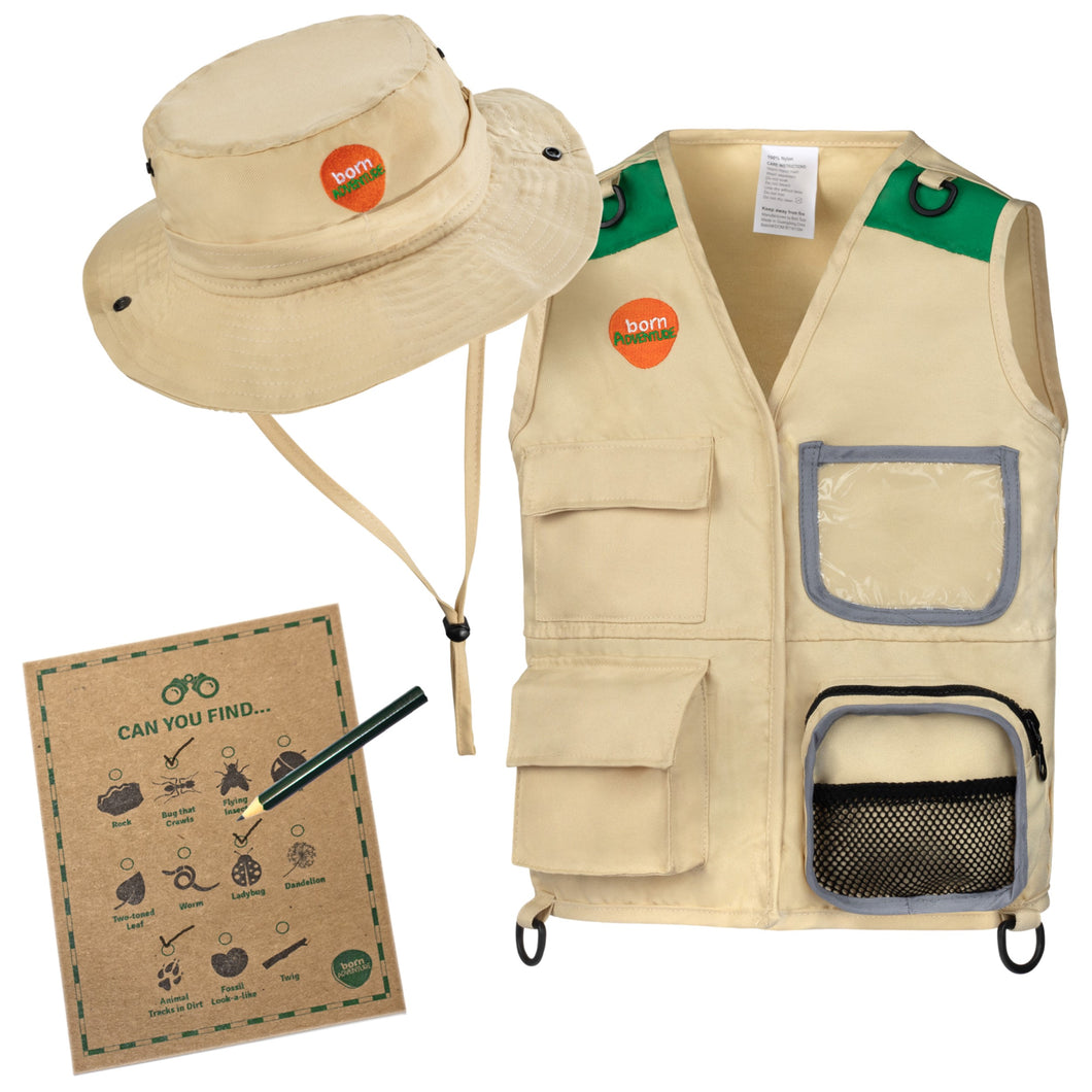 Born Toys Safari Outfit for Ages 3-7 Includes Kids Safari Hat, Safari Vest, Scavenger Hunt- Perfect Dress Up & Pretend Play for Kids Fishing Vest, Paleontologist Kit for Kids, Safari Costume or Zoo Keeper