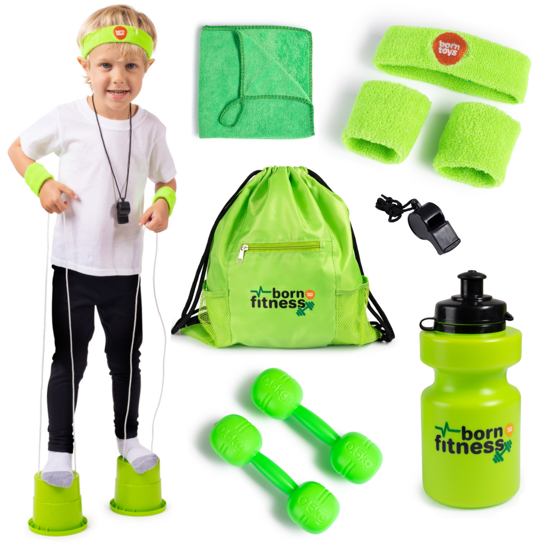 Born Toys 11pcs Kids Exercise Equipment Set for Kids Ages 3 & Up, Kids Workout Equipment Set Includes Kids Weights, Bucket Stilts, Kids Gym Bag, Sweat Bands, Gym Water Bottle, Toddler Workout Costume