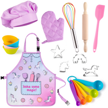 Load image into Gallery viewer, Born Toys Unicorn Kids Baking Sets for Girls Ages 5 &amp; Up, Kids Baking Kit Includes Kids Apron and Chef Hat Set w/ Oven Mitt Glove, Spatula, Rolling Pin, Whisk &amp; 3 Cookie Cutters - Toddler Baking Set