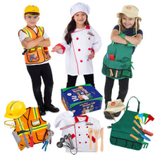 Load image into Gallery viewer, Born Toys Premium 27 Piece Dress Up Clothes for kids 3-7 Construction Worker with kids Tool Set,Gardening Costume with Gardening Tools,Chef or Baker with Baking toys