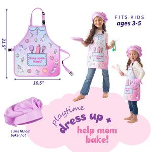 Born Toys Unicorn Kids Baking Sets for Girls Ages 5 & Up, Kids Baking Kit Includes Kids Apron and Chef Hat Set w/ Oven Mitt Glove, Spatula, Rolling Pin, Whisk & 3 Cookie Cutters - Toddler Baking Set