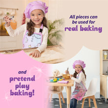 Load image into Gallery viewer, Born Toys Unicorn Kids Baking Sets for Girls Ages 5 &amp; Up, Kids Baking Kit Includes Kids Apron and Chef Hat Set w/ Oven Mitt Glove, Spatula, Rolling Pin, Whisk &amp; 3 Cookie Cutters - Toddler Baking Set