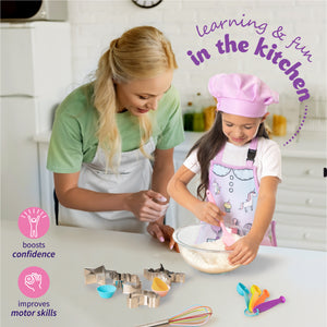 Born Toys Unicorn Kids Baking Sets for Girls Ages 5 & Up, Kids Baking Kit Includes Kids Apron and Chef Hat Set w/ Oven Mitt Glove, Spatula, Rolling Pin, Whisk & 3 Cookie Cutters - Toddler Baking Set